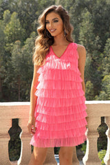 V-Neck Tiered Sleeveless Mesh Dress 
