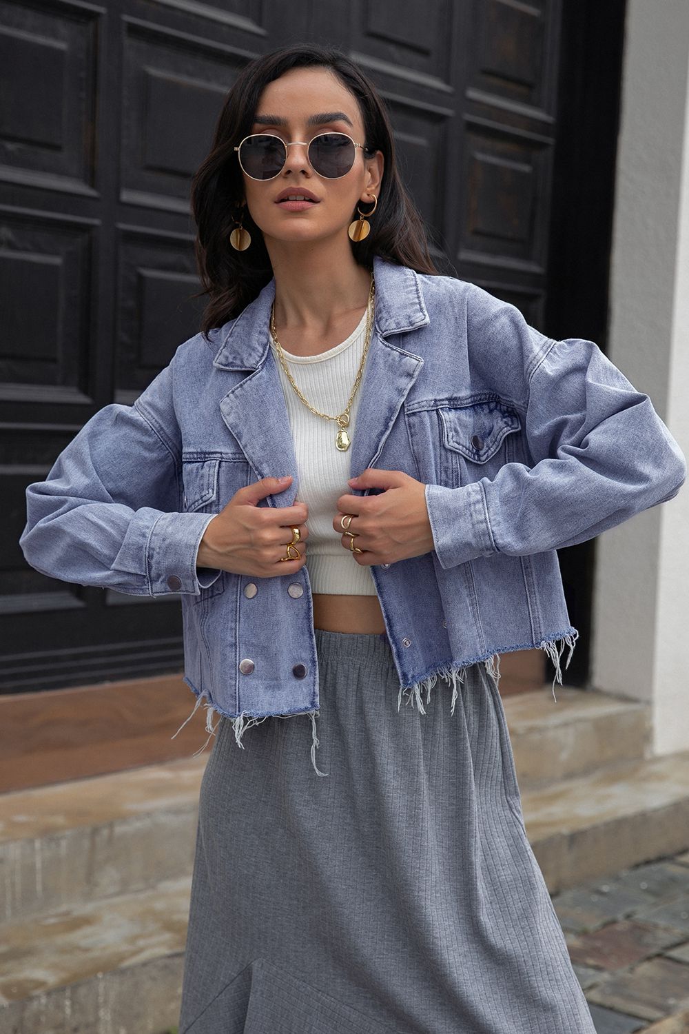 Lapel Collar Long Sleeve Denim Jacket 
