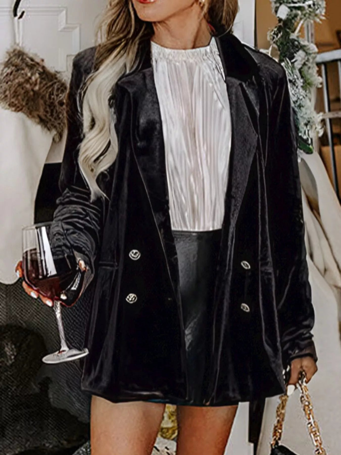 Velvet Lapel Collar Button Up Blazer 