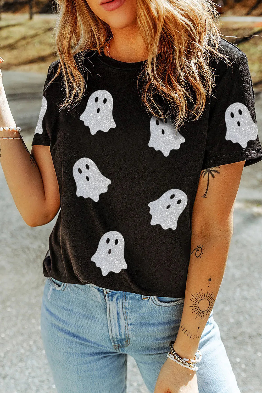 Glitter Ghost Round Neck Short Sleeve T-Shirt 