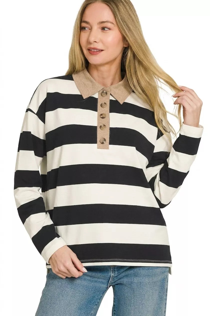 Zenana Striped Contrast Collar Polo Tee 