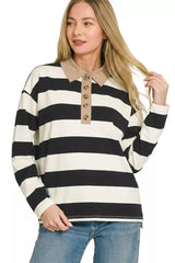 Zenana Striped Contrast Collar Polo Tee 