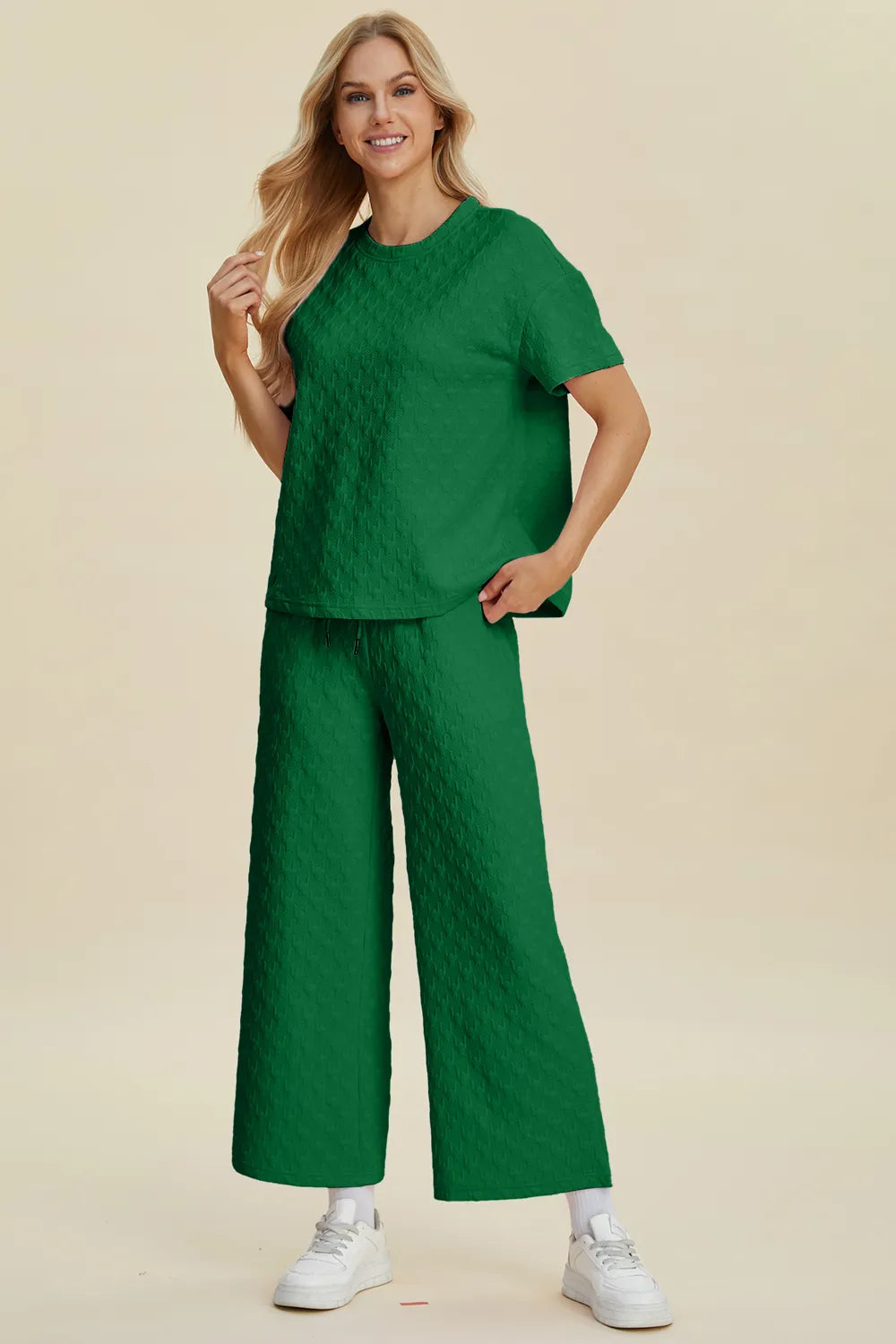 Double Take Full Size Texture Round Neck Short Sleeve Top and Pants Set 