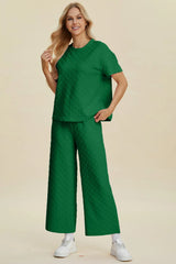 Double Take Full Size Texture Round Neck Short Sleeve Top and Pants Set 
