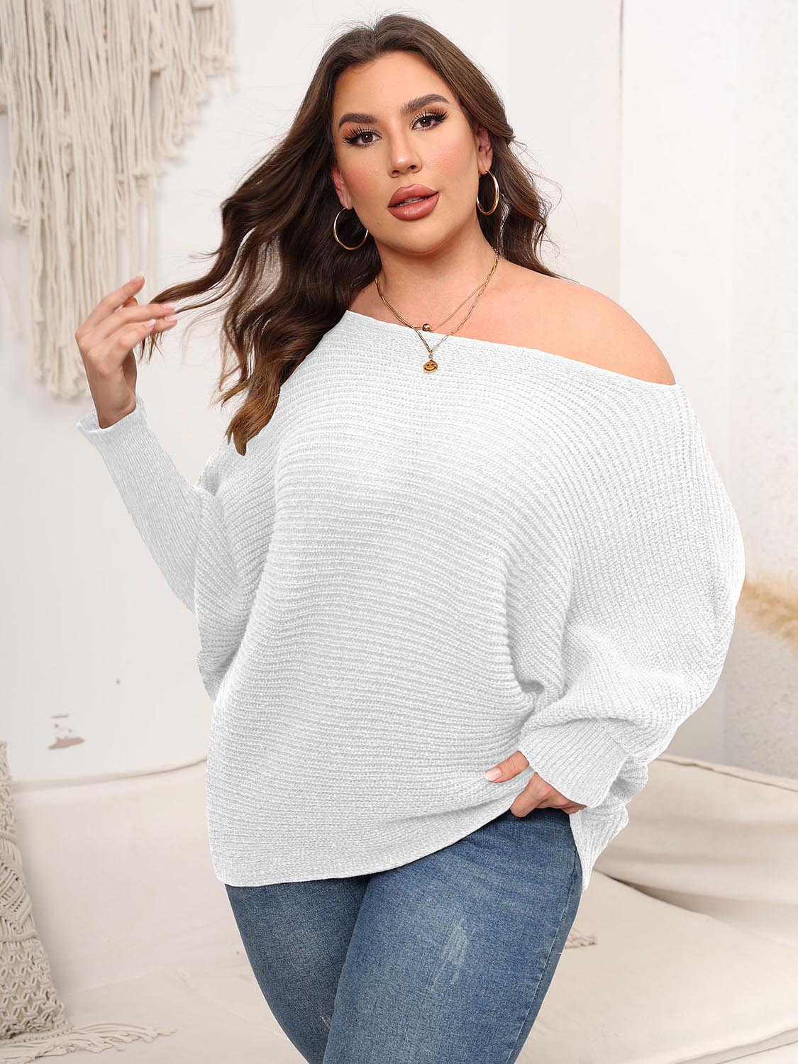 Full Size Boat Neck Batwing Sleeve Sweater 