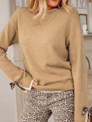Leopard Bow Decor Split Cuff Contrast Trim Sweater 