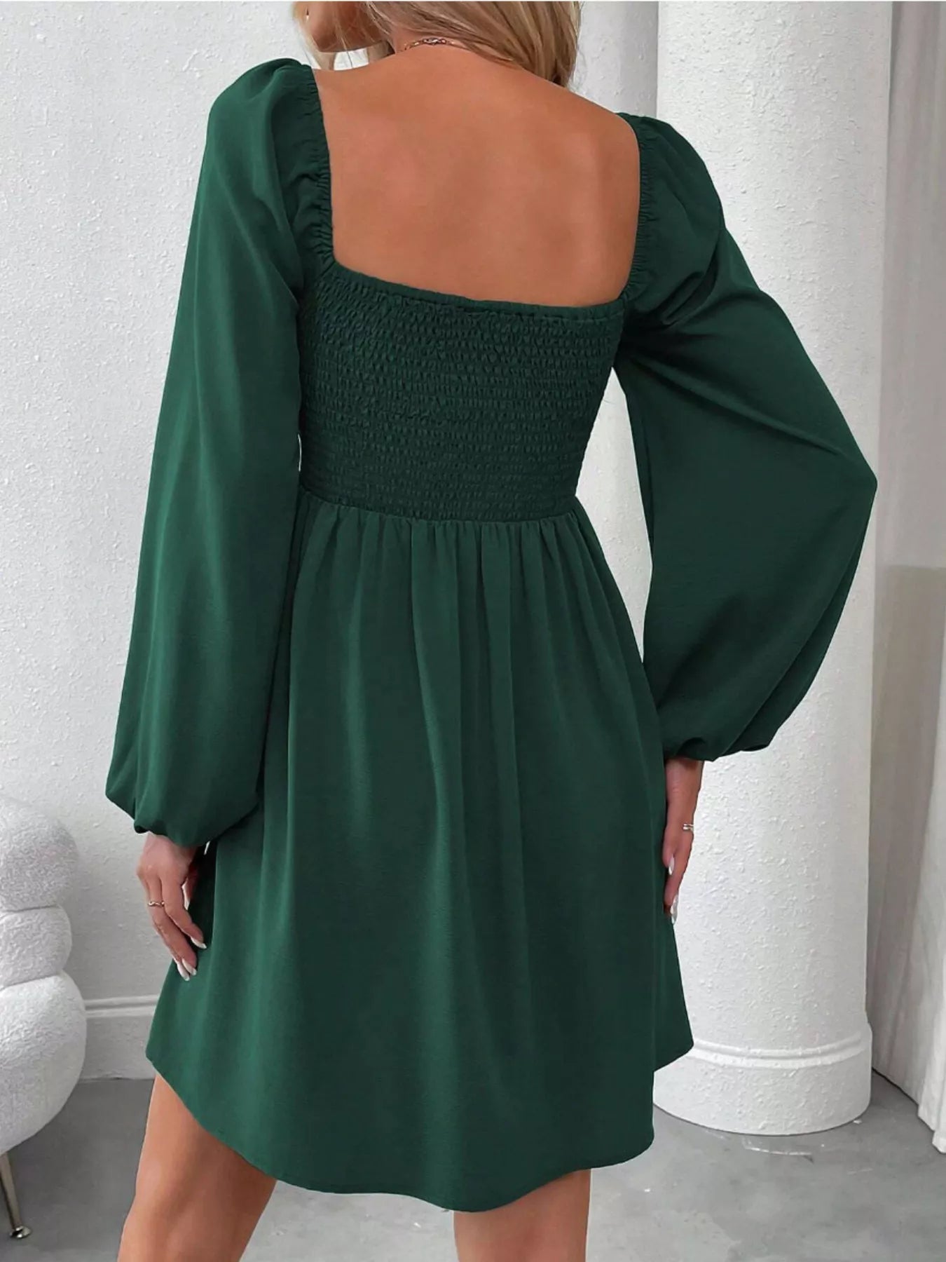 Ruched Square Neck Long Sleeve A-Line Dress 