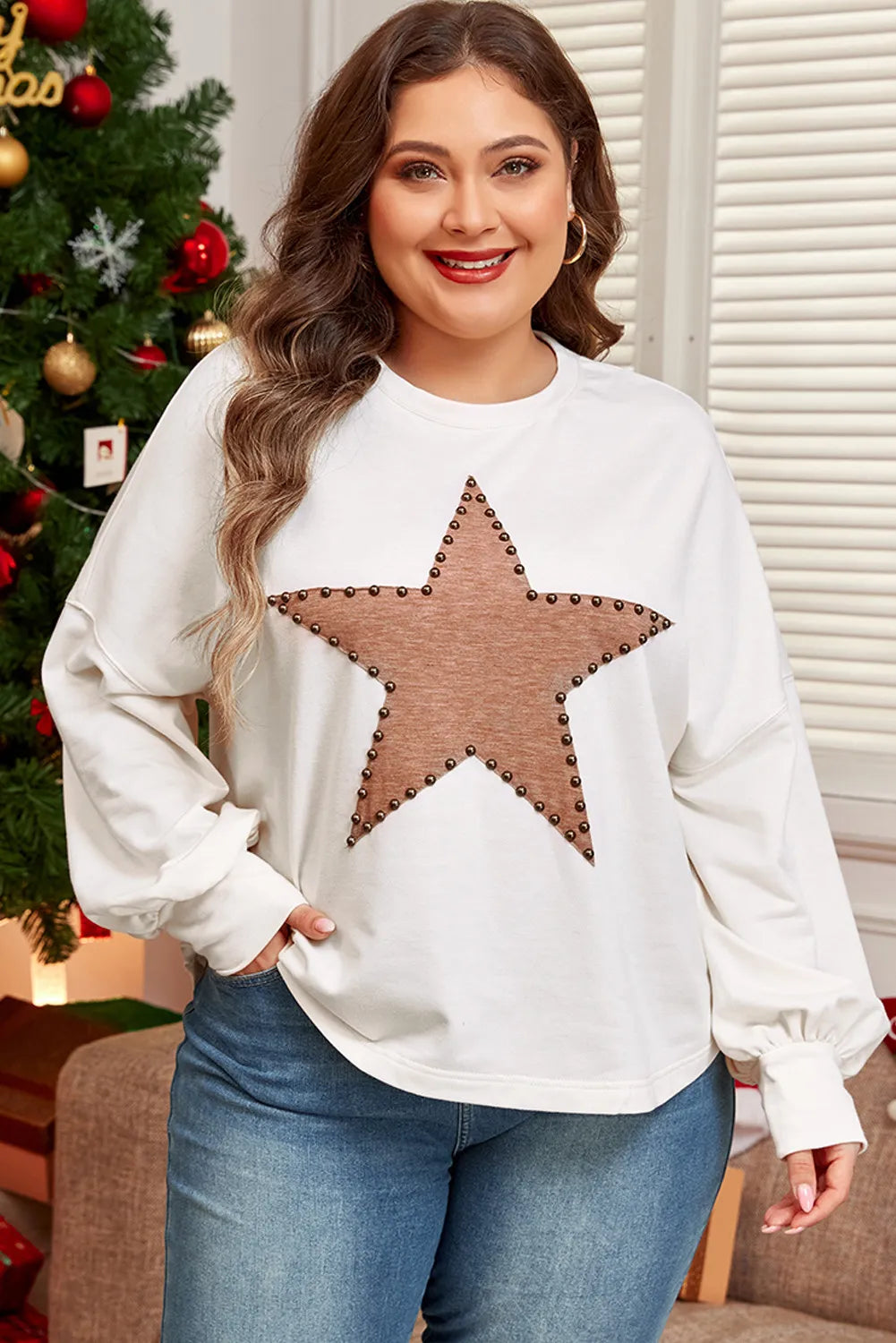 Plus Size Studded Star Round Neck Long Sleeve Blouse 