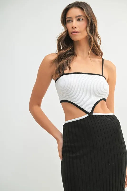 MABLE Ribbed Knit Color Block Cutout Midi Dress 