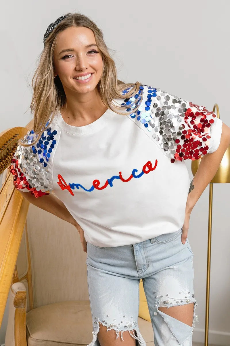 BiBi America Letter Applique Spangle Puff Sleeves Top 