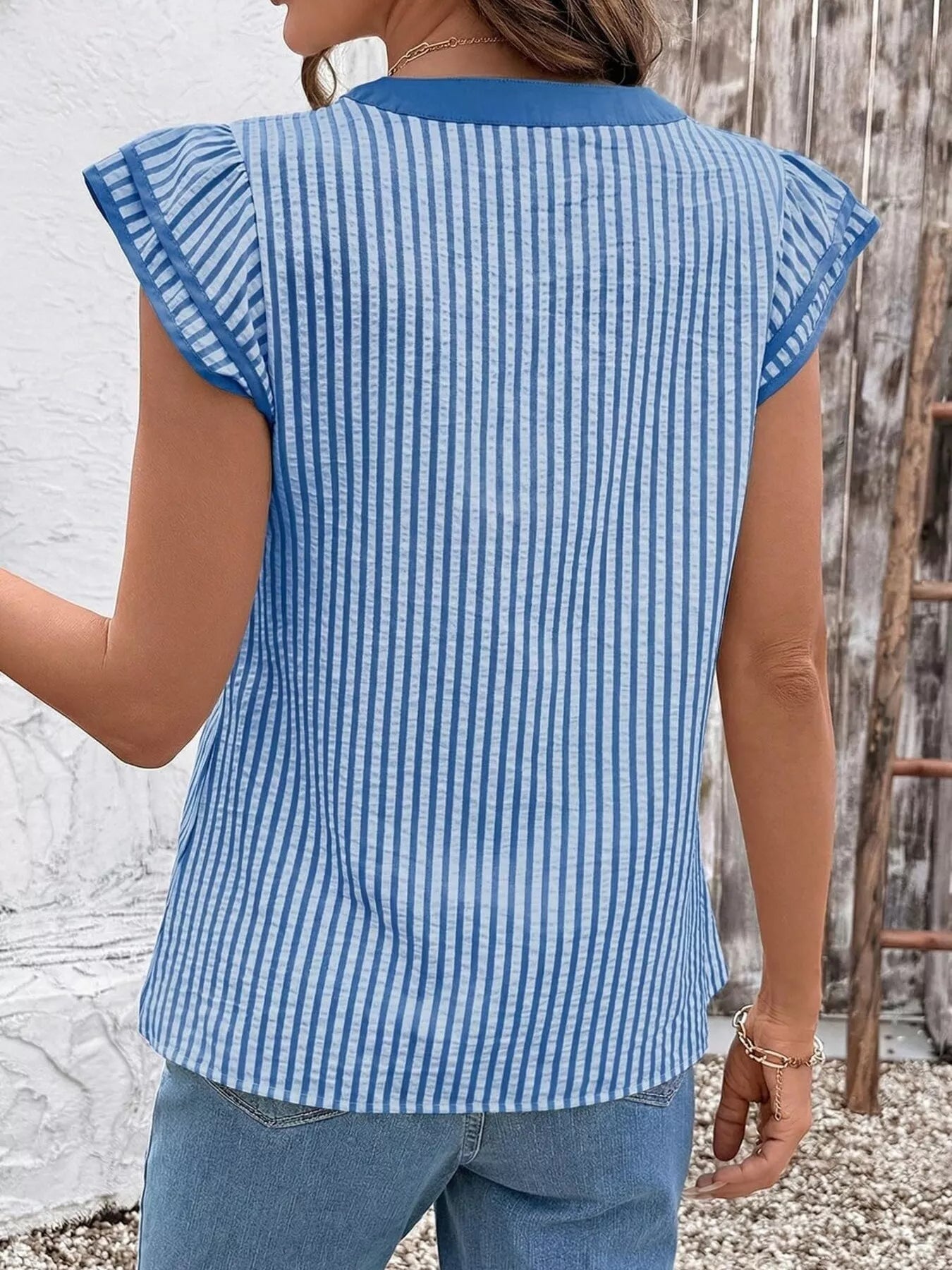 Striped Ruffle Sleeve Blouse 