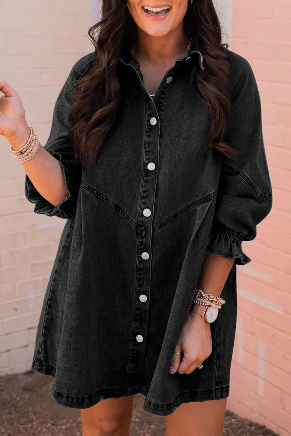 Distressed Collared Neck Flounce Sleeve Denim Dress 