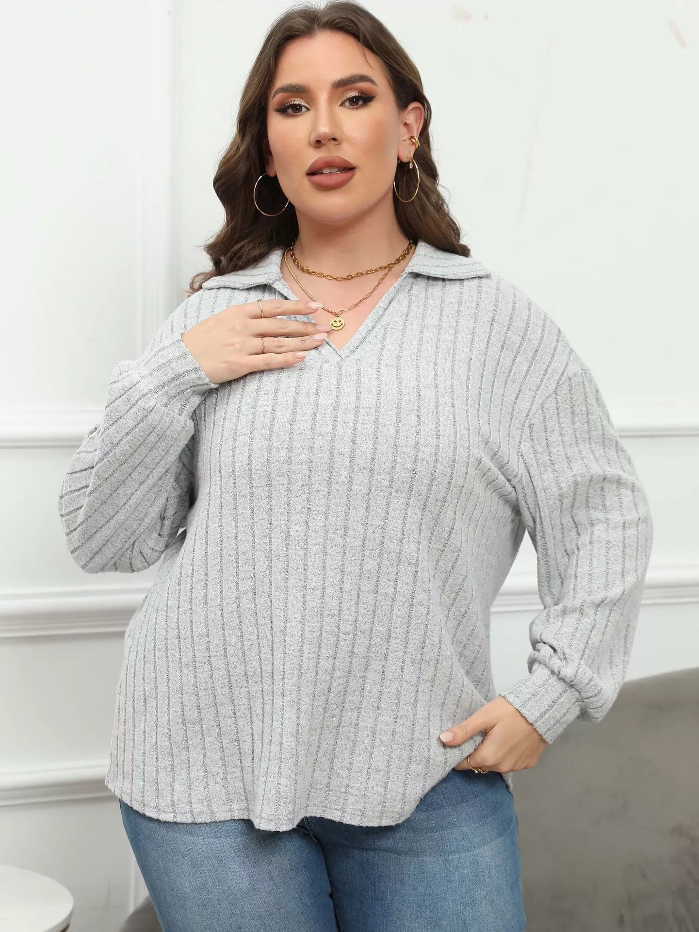 Plus Size Ribbed Knit Polo Collar T-Shirt 