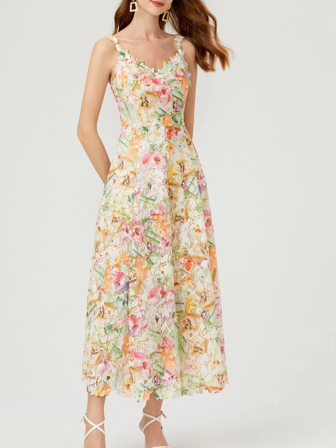 Floral Lace Sleeveless V-Neck Midi Dress 
