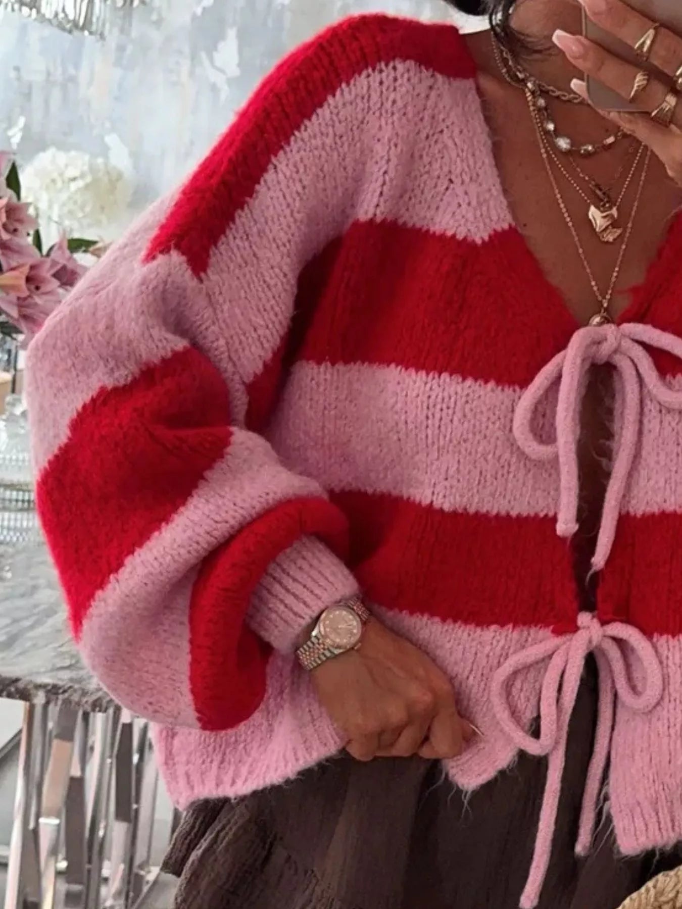 Striped Tie-Front Knit Cardigan 