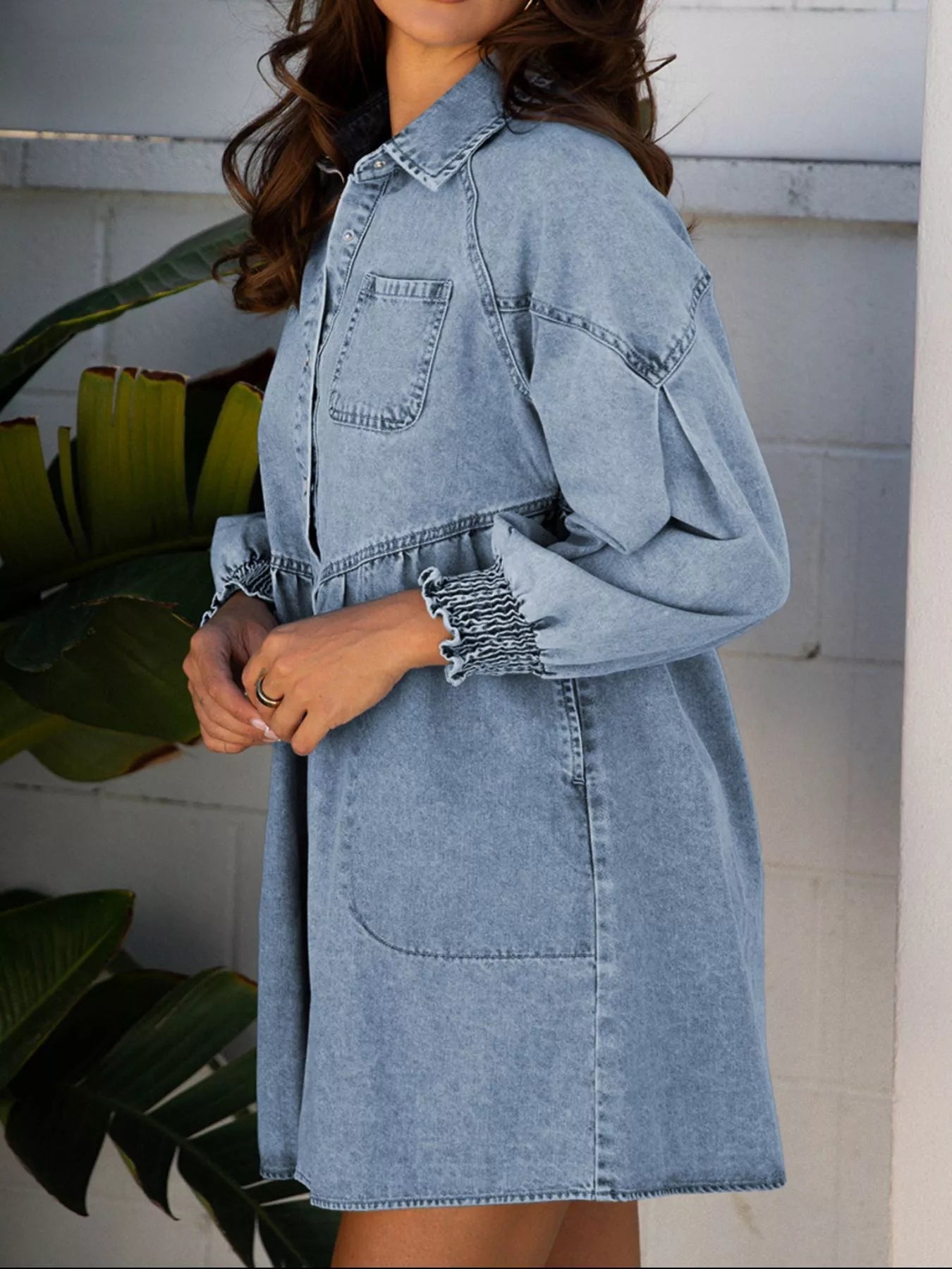 Smocked Cuffs Flared Denim Shirt Mini Dress 