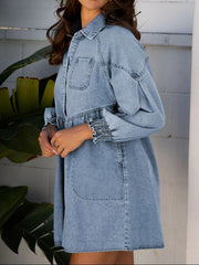 Smocked Cuffs Flared Denim Shirt Mini Dress 