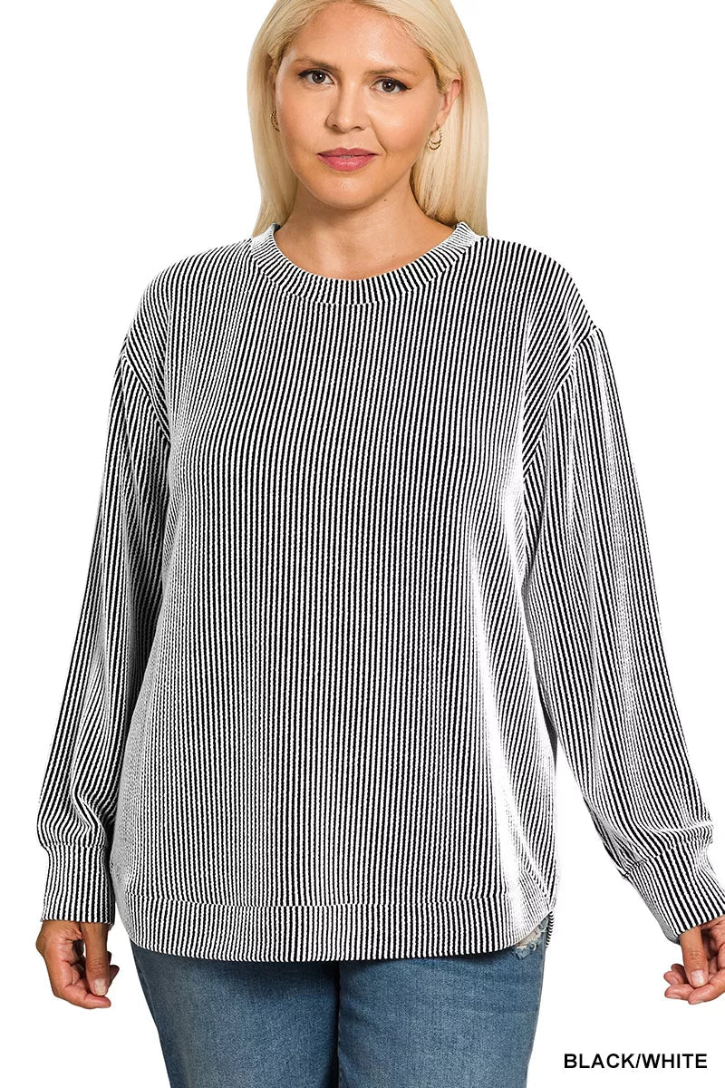 Zenana Full Size Raised Rib Round Neck Long Sleeve Top Plus Size 