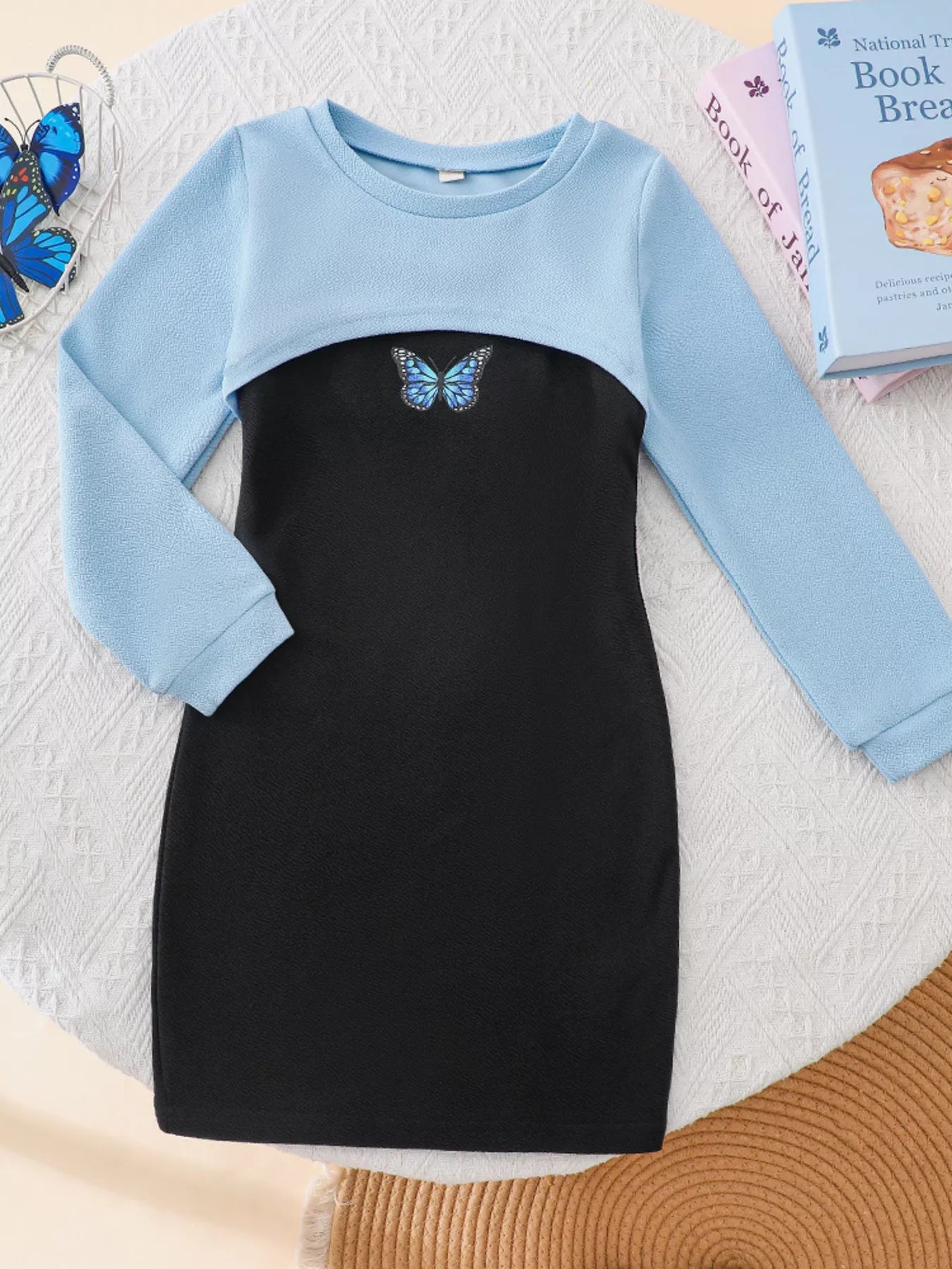 Children's Butterfly Long Sleeve Casual Dress Set 