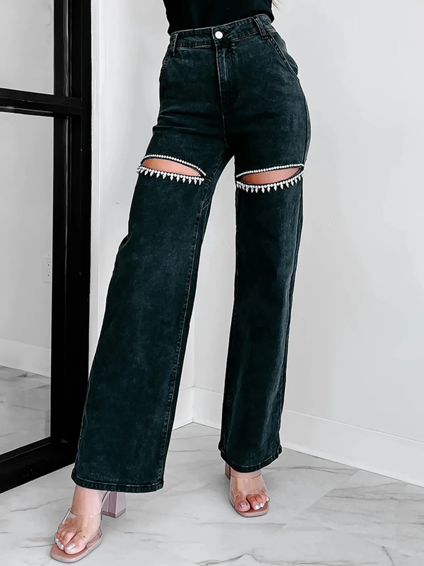 Ripped Wide Leg Wash Denim Jeans 