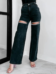Ripped Wide Leg Wash Denim Jeans 