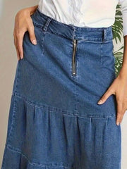 Tiered Maxi Denim Skirt with Zipper Detail 