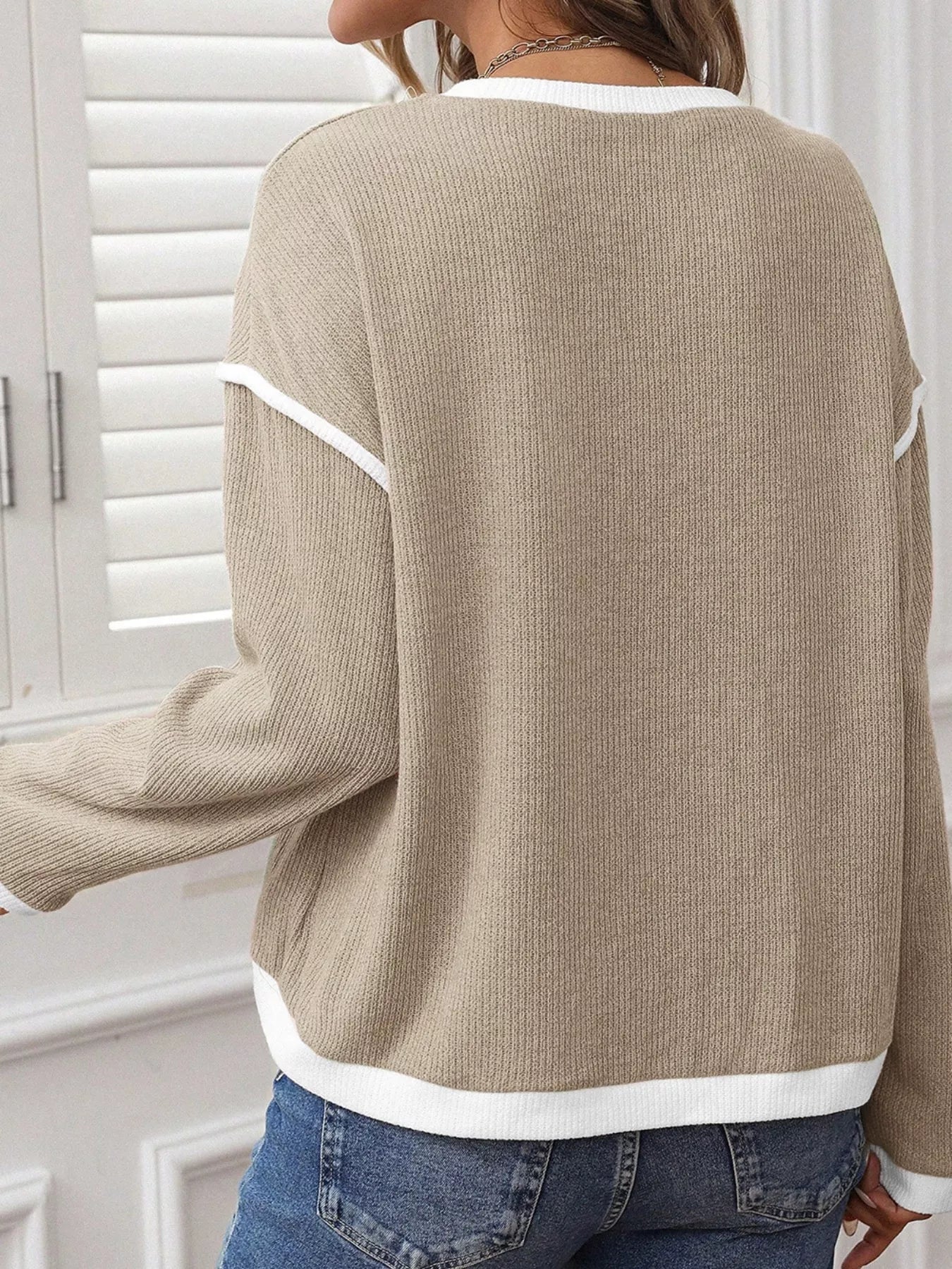 Contrast Color Trim Knit Drop Shoulder Loose Top 