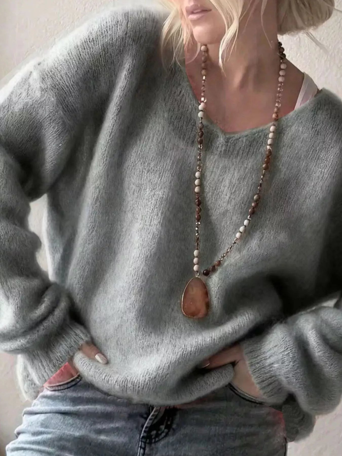 V-Neck Dropped Shoulder Sweater 