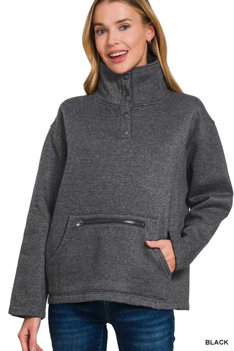 Zenana Fleece Washed High Neck Kangaroo Pocket Sweatshirt 