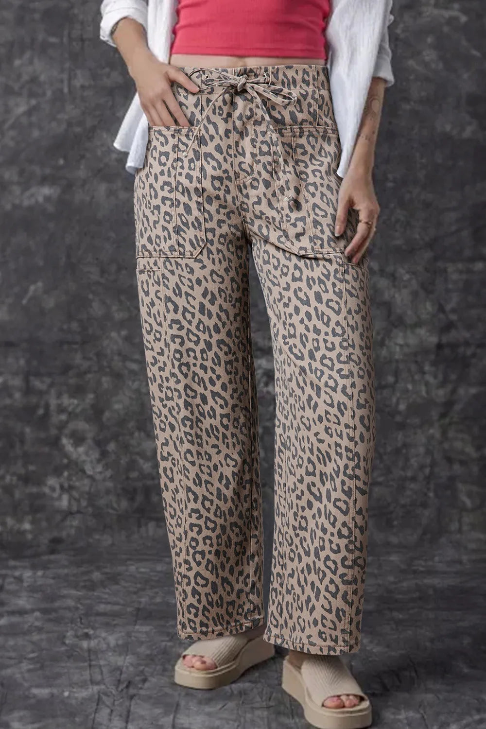 Leopard Printed Drawstring Waist Pocketed Wide Leg Jeans 