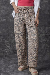 Leopard Printed Drawstring Waist Pocketed Wide Leg Jeans 