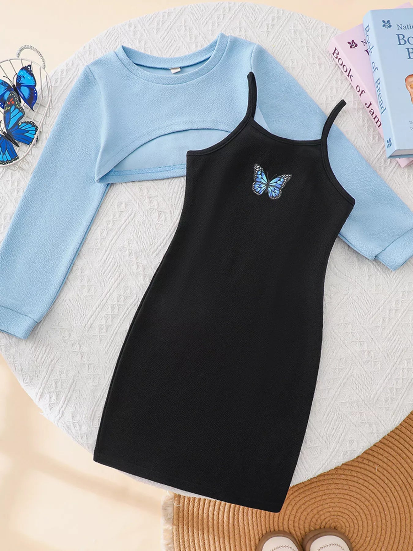 Children's Butterfly Long Sleeve Casual Dress Set 