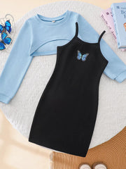 Children's Butterfly Long Sleeve Casual Dress Set 