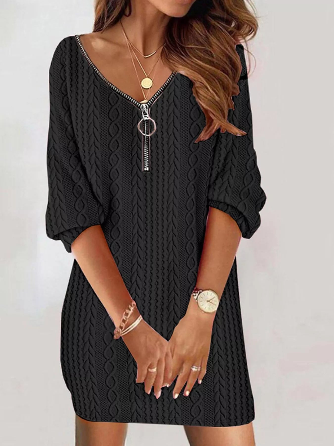 Zip Detail Textured Knit Mini Sweater 