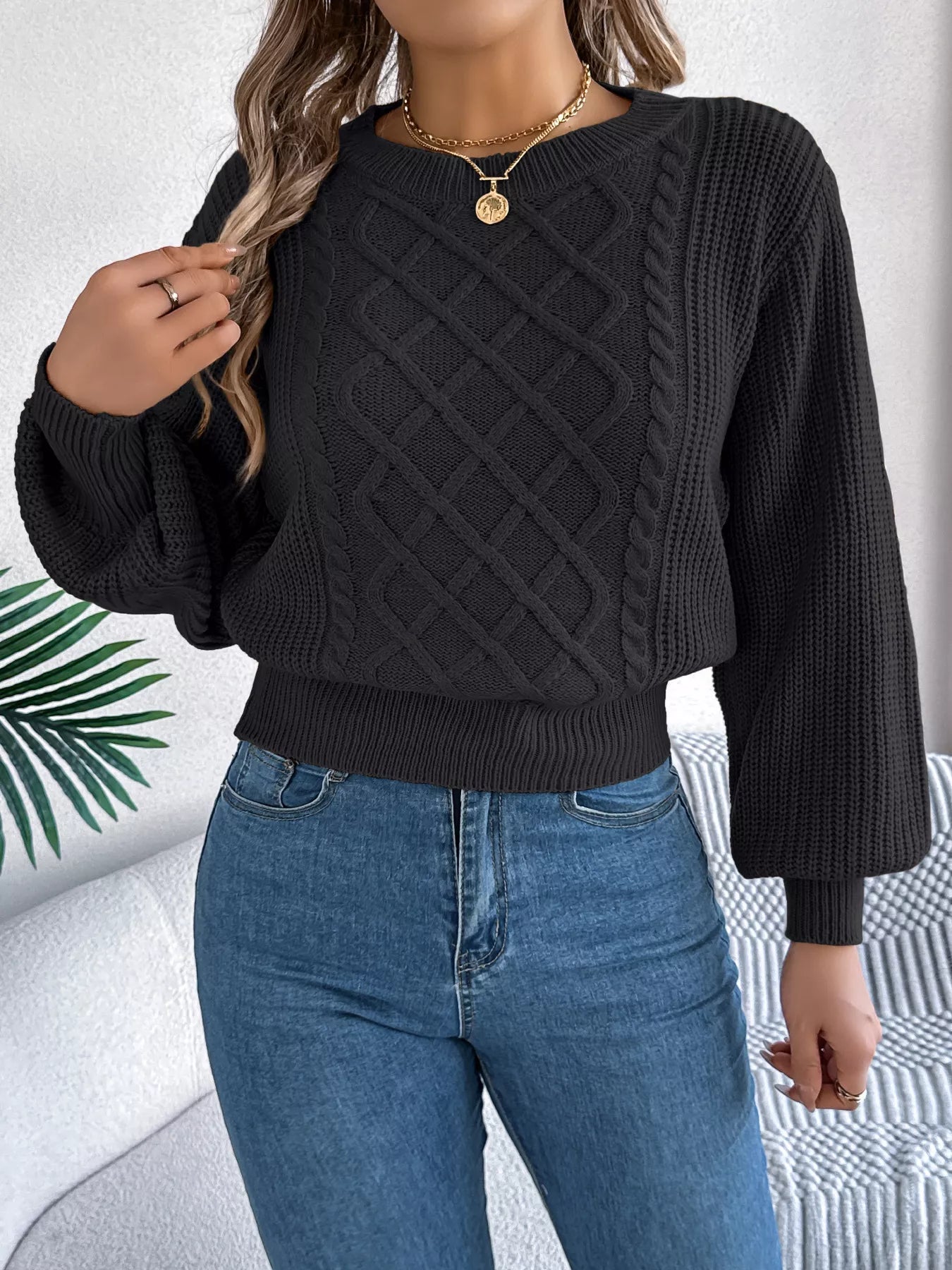 Cable Knit Diamond Pattern Long Sleeve Sweater 