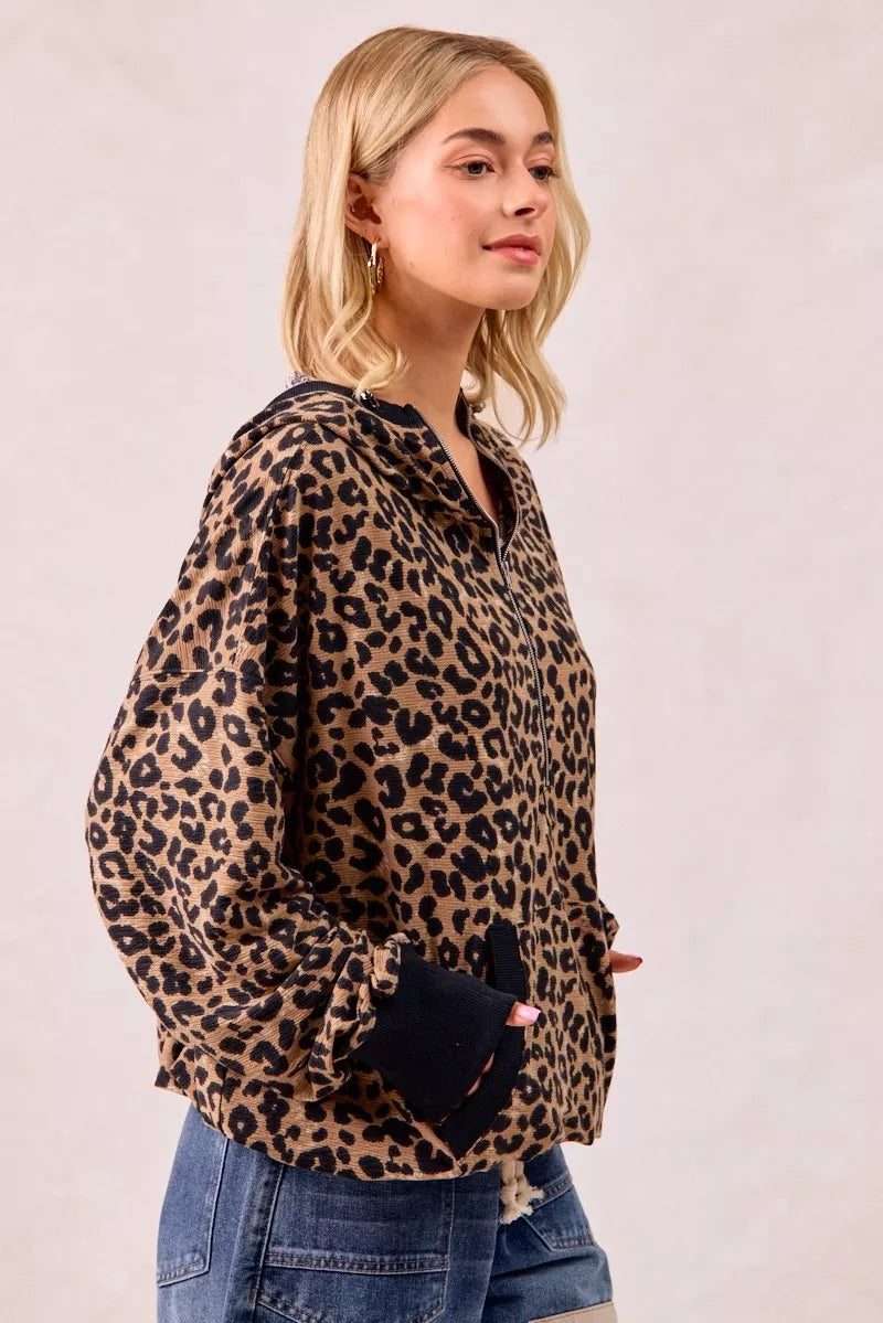 BiBi Leopard Print Waffle Half Zip Up Hoodie W Pocket 