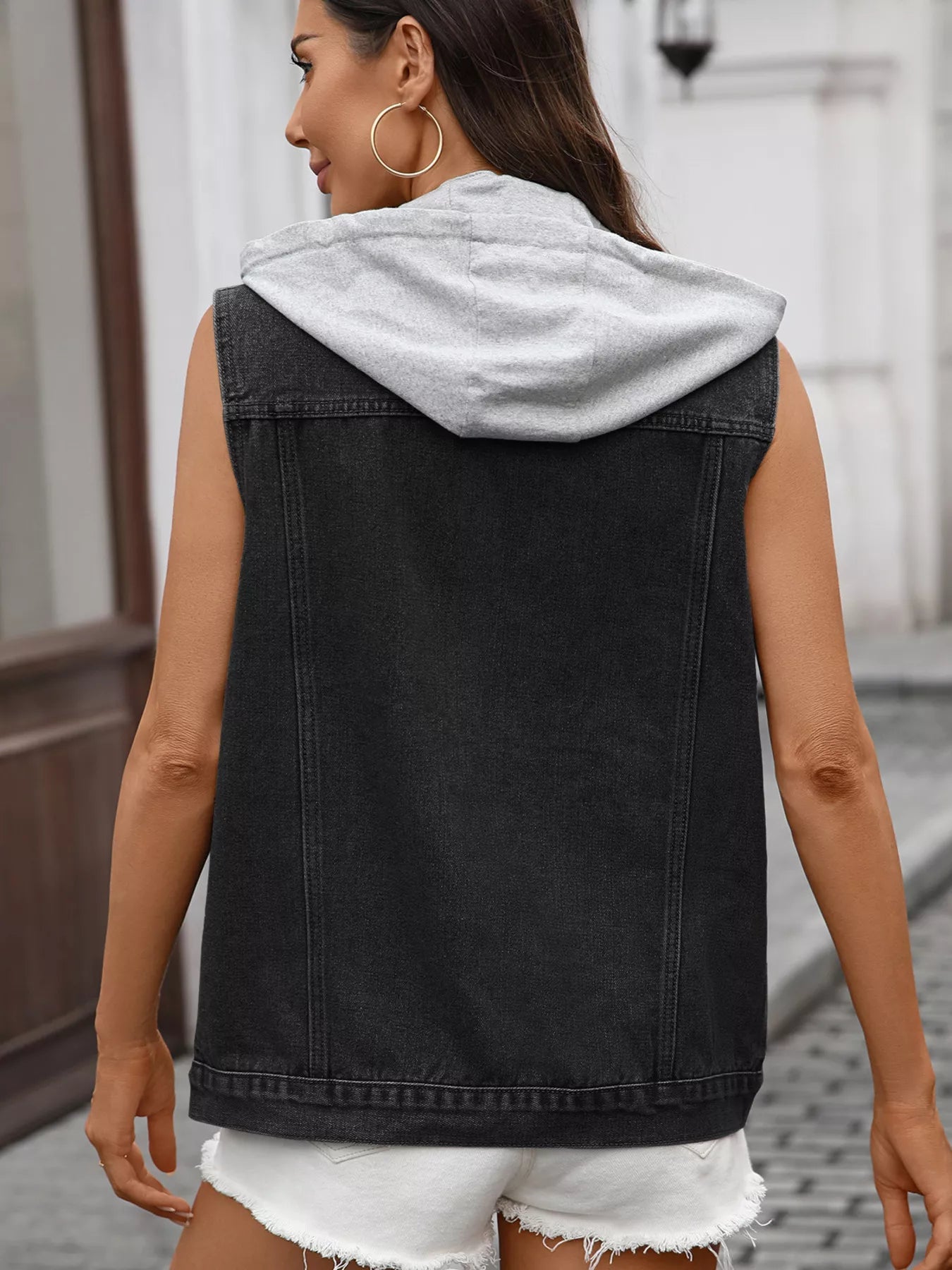 Button Up Removable Hooded Sleeveless Denim Jacket 