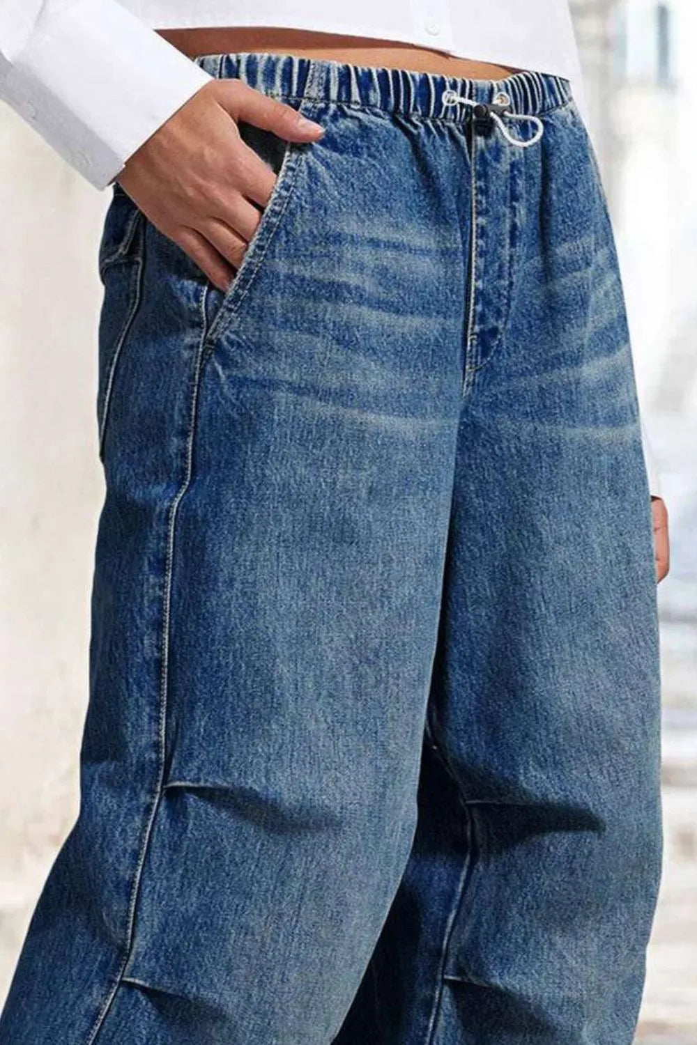 Drawstring Waist Wide Leg Shirred Jeans 