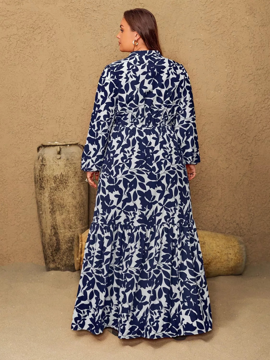 Plus Size Floral Print Notched Long Sleeve Maxi Dress 