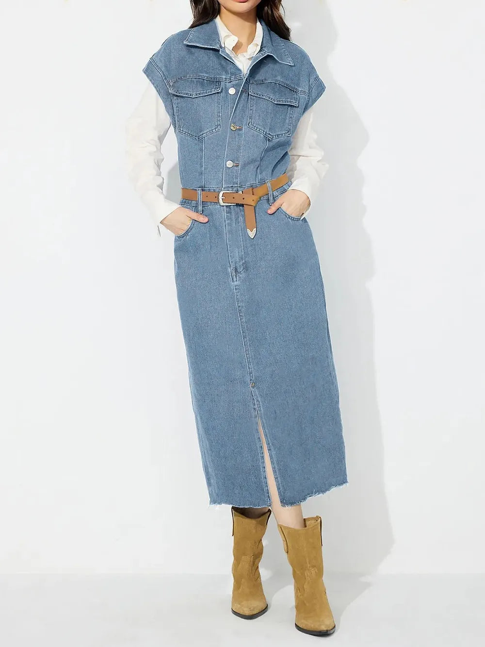 Slit Half Button Collared Neck Cap Sleeve Denim Dress 