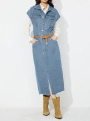 Slit Half Button Collared Neck Cap Sleeve Denim Dress 