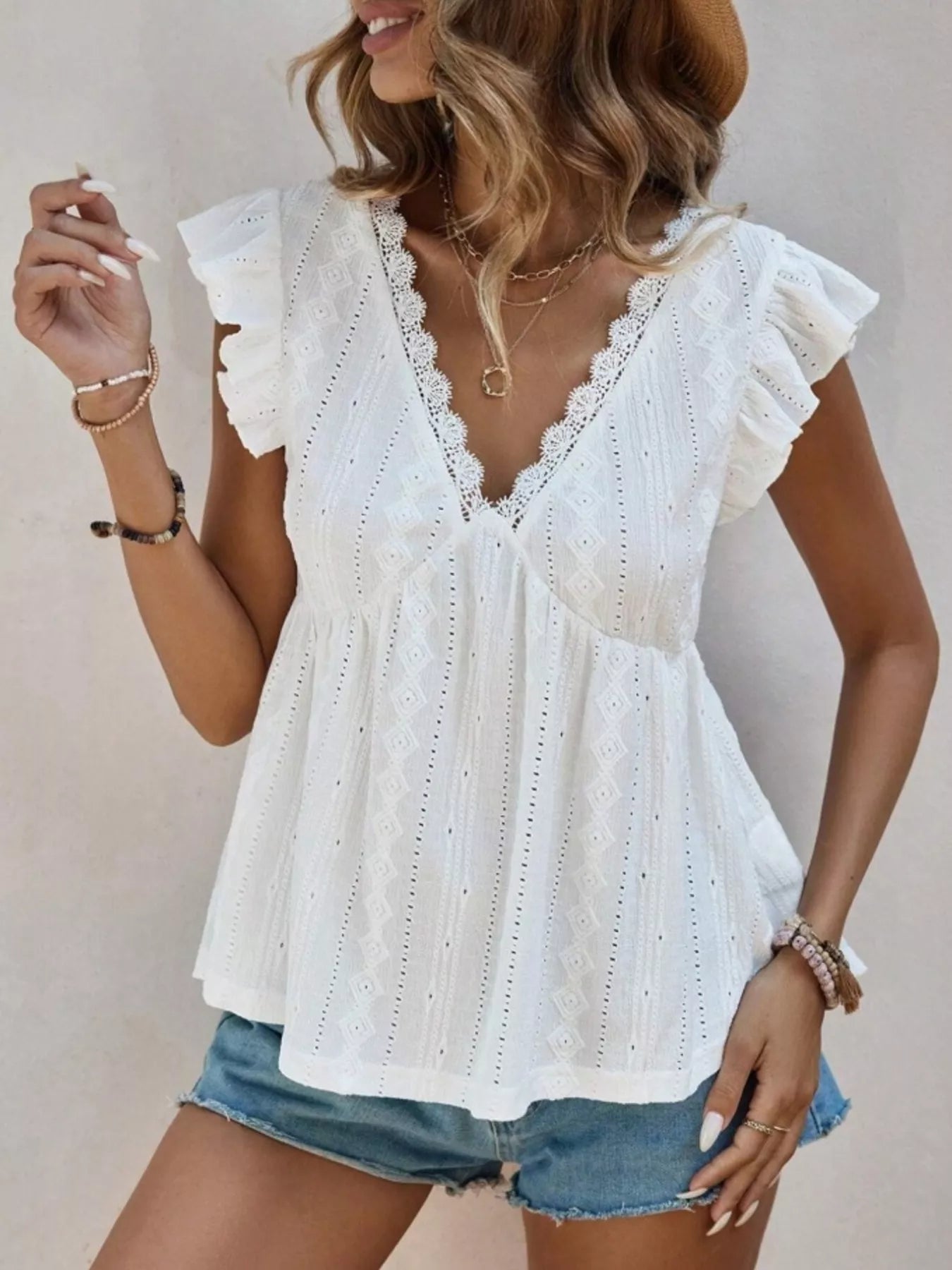 Ruffle Sleeve V-Neck Blouse 