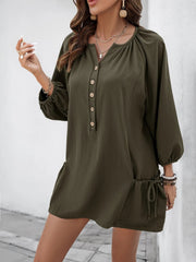 Button Front Balloon Sleeve Dress 