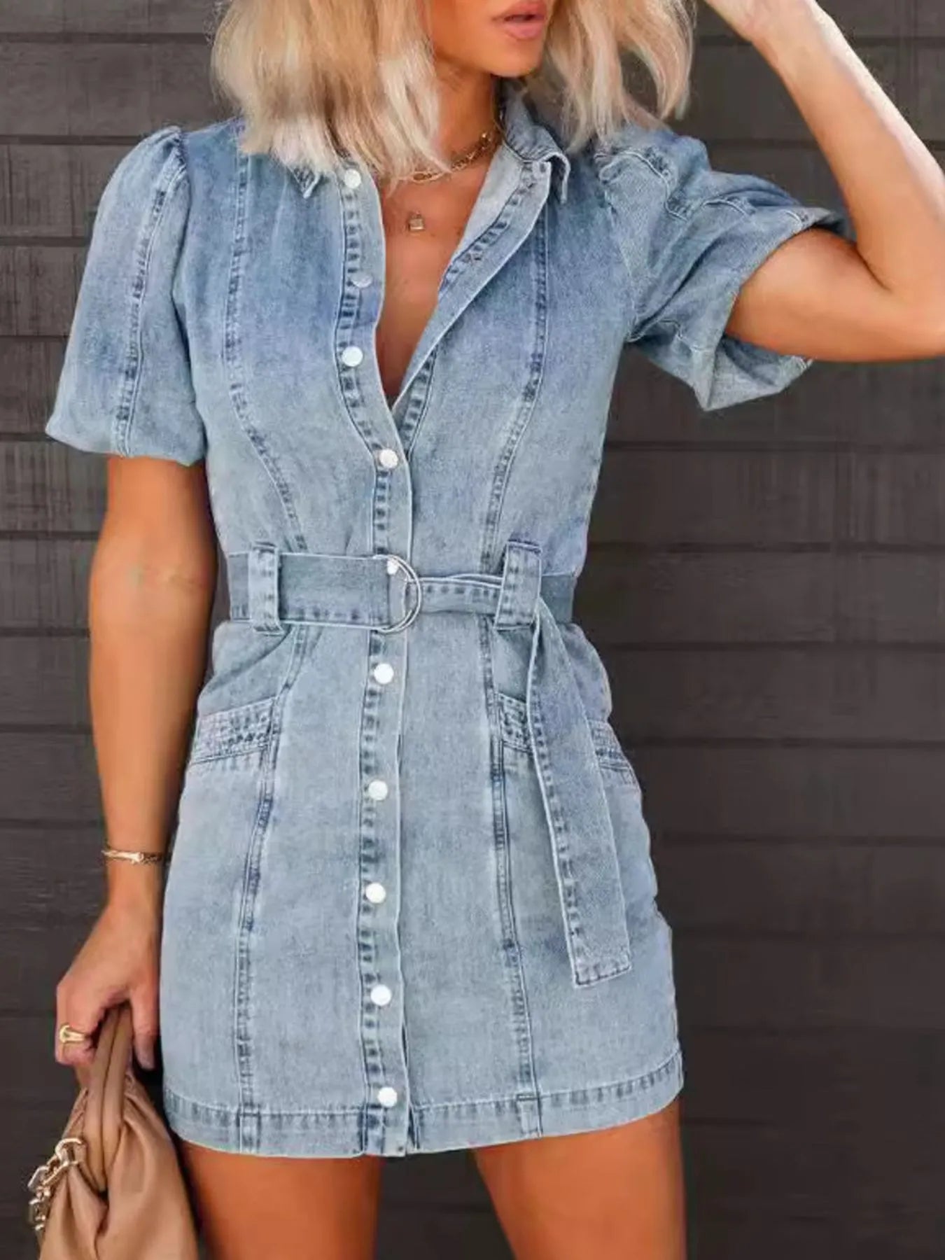 Button-Up Puff Sleeve Denim Shirt Dress 