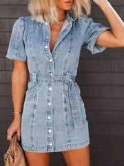 Button-Up Puff Sleeve Denim Shirt Dress 