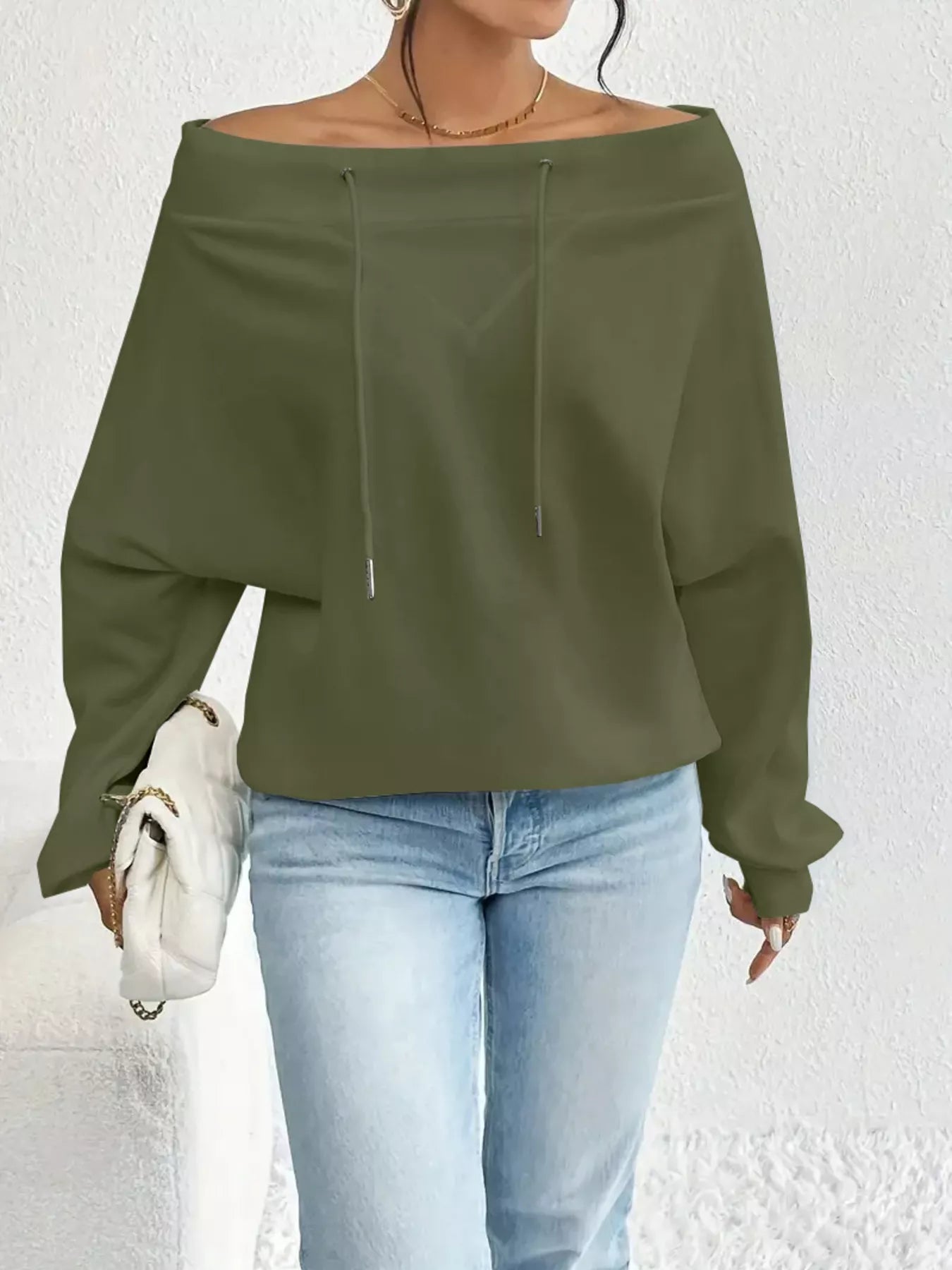 Full Size Off-Shoulder Drawstring Long Sleeve Top Plus Size 