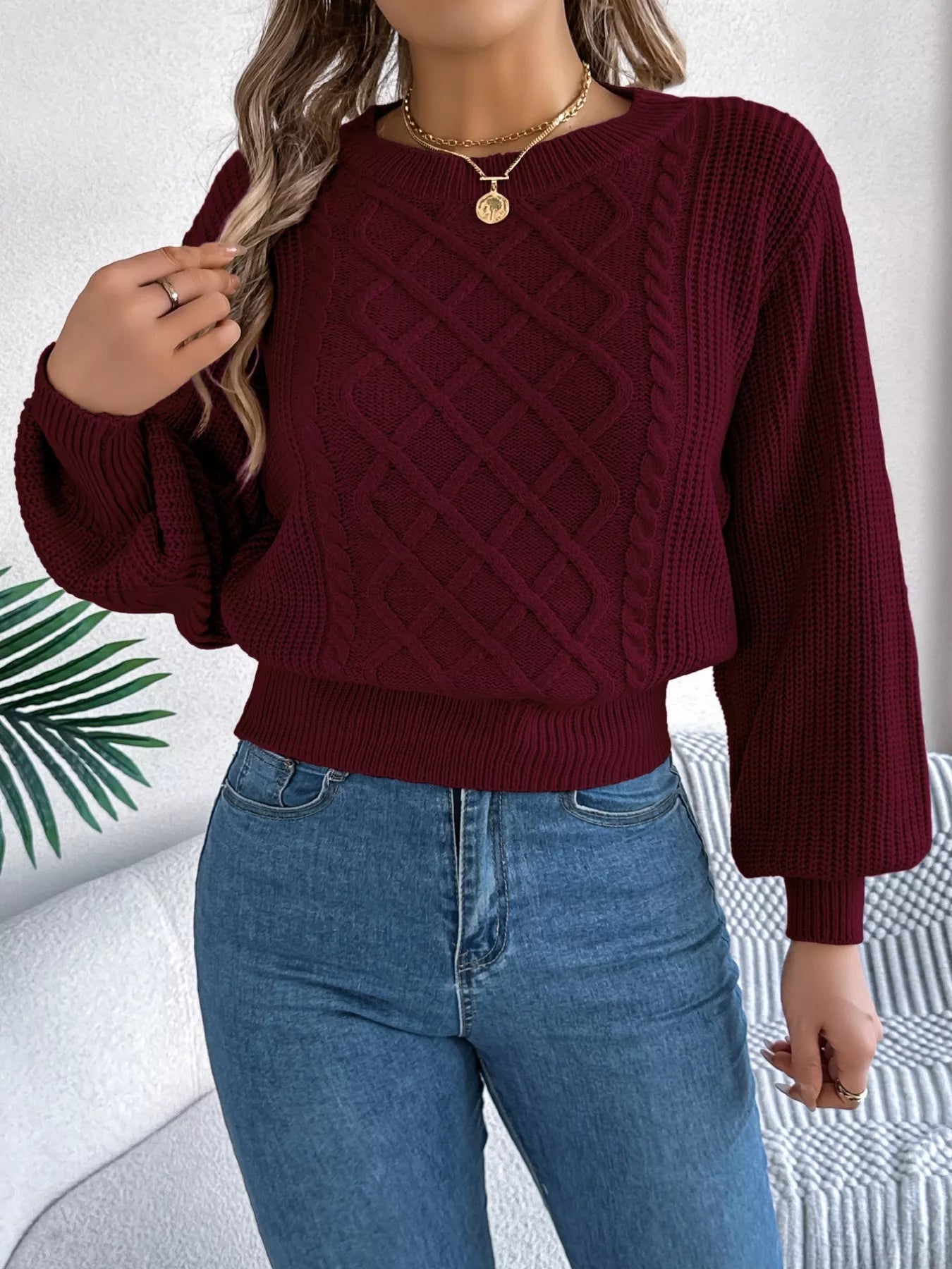 Cable Knit Diamond Pattern Long Sleeve Sweater 