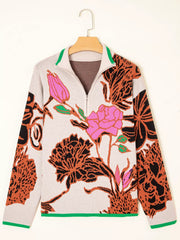 Floral Pattern Knit Quarter Zip Stand Neck Sweater 