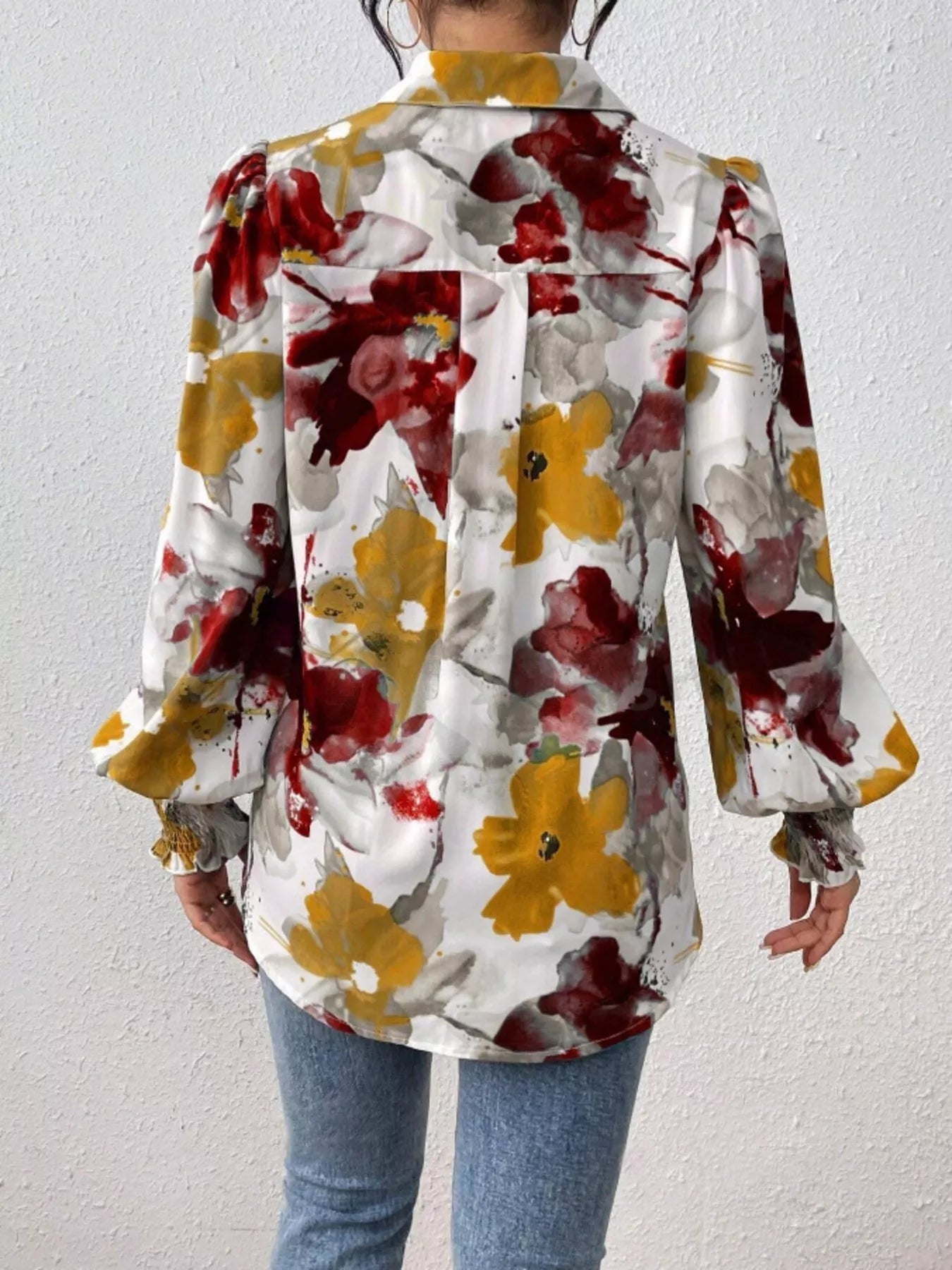 Printed Button Up Lantern Sleeve Shirt 