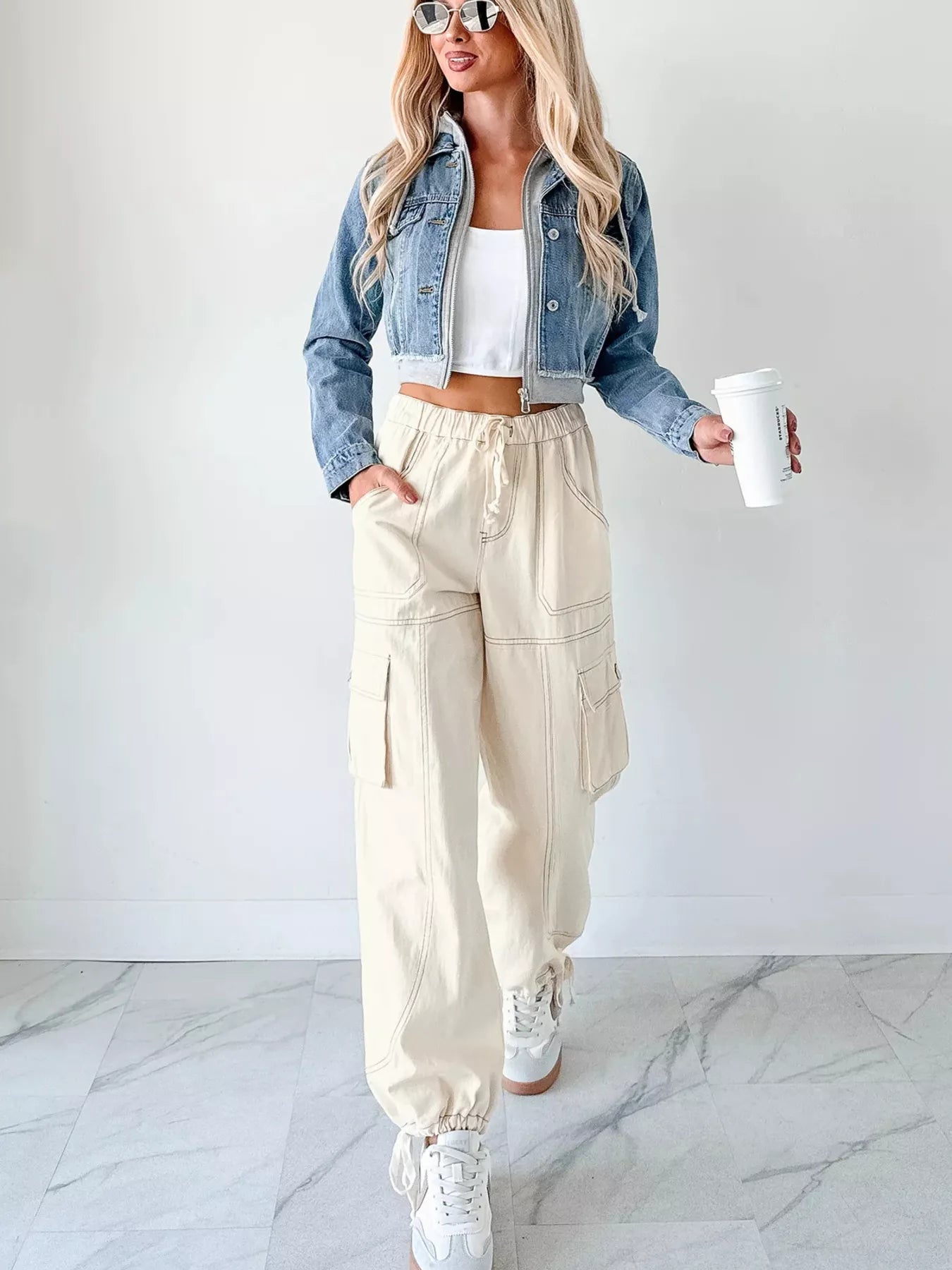 Distressed Zip Up Cropped Hooded Denim Jacket 